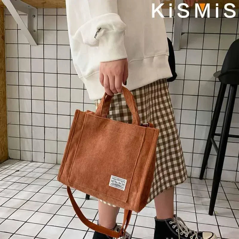 Fashionable Corduroy Shoulder Bag for Women Large Capacity Handbag Portable Small Square Crossbody Bag Trendy Style