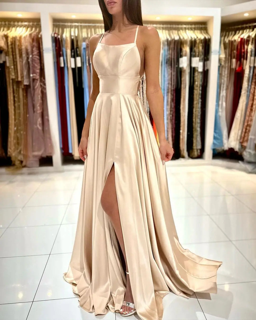 BABYONLINE Simple In Stock Soft Sliky Satin Bridesmaid Dresses Cowl Neck Tieing Thin Straps Leg Slit and Flowing A-line Dress