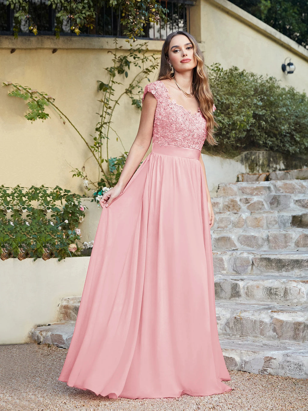 A-line V Neck Sleeveless Floral Lace Chiffon Back Hollow Long Paty Bridesmaid Dress Women 2024 For Wedding Sexy Evening Dress