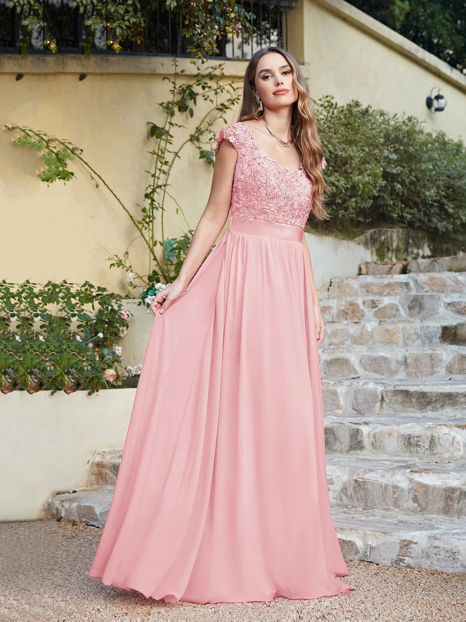 A-line V Neck Sleeveless Floral Lace Chiffon Back Hollow Long Paty Bridesmaid Dress Women 2024 For Wedding Sexy Evening Dress