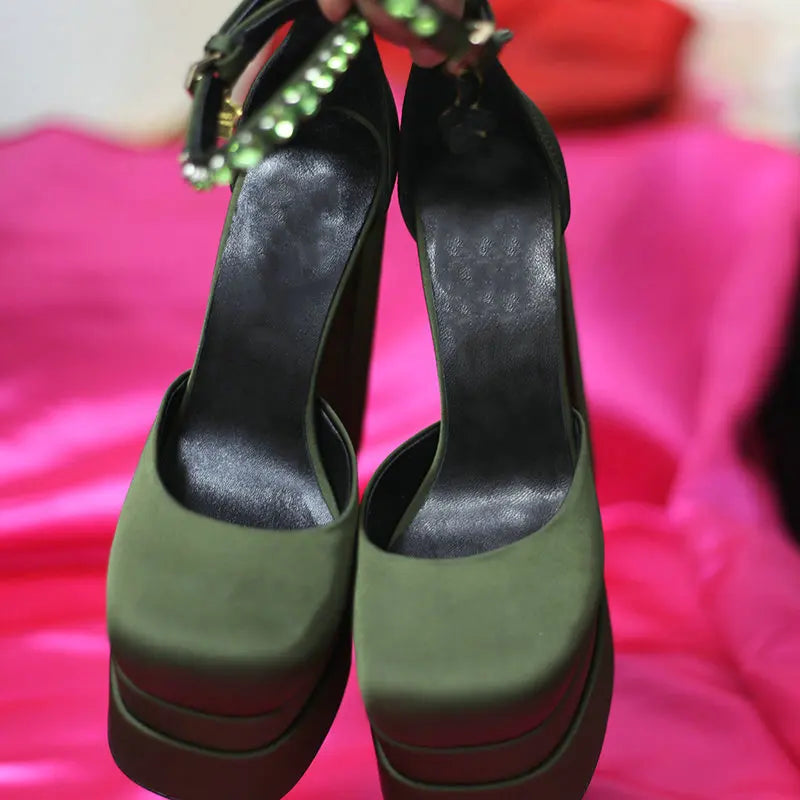 High Heels Women 2025 New Fashion Show 15cm Personality Super High Heel Waterproof Square Head Black Silk Runway Shoes