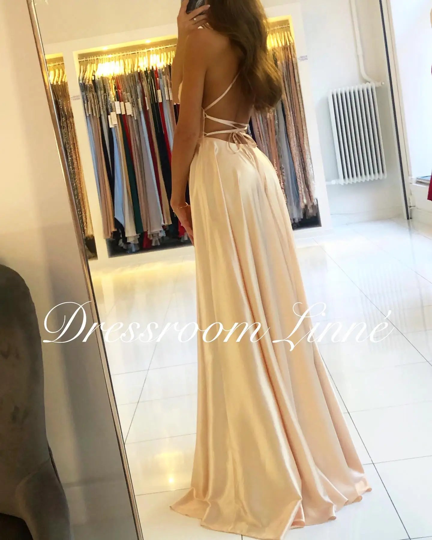 BABYONLINE Simple In Stock Soft Sliky Satin Bridesmaid Dresses Cowl Neck Tieing Thin Straps Leg Slit and Flowing A-line Dress