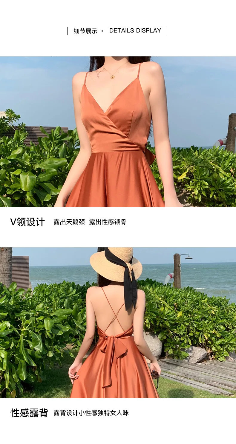 New ivory Caramel terracotta Auburn satin 120cm over knee spaghetti backless strap summer lady girl dress gown daily wear