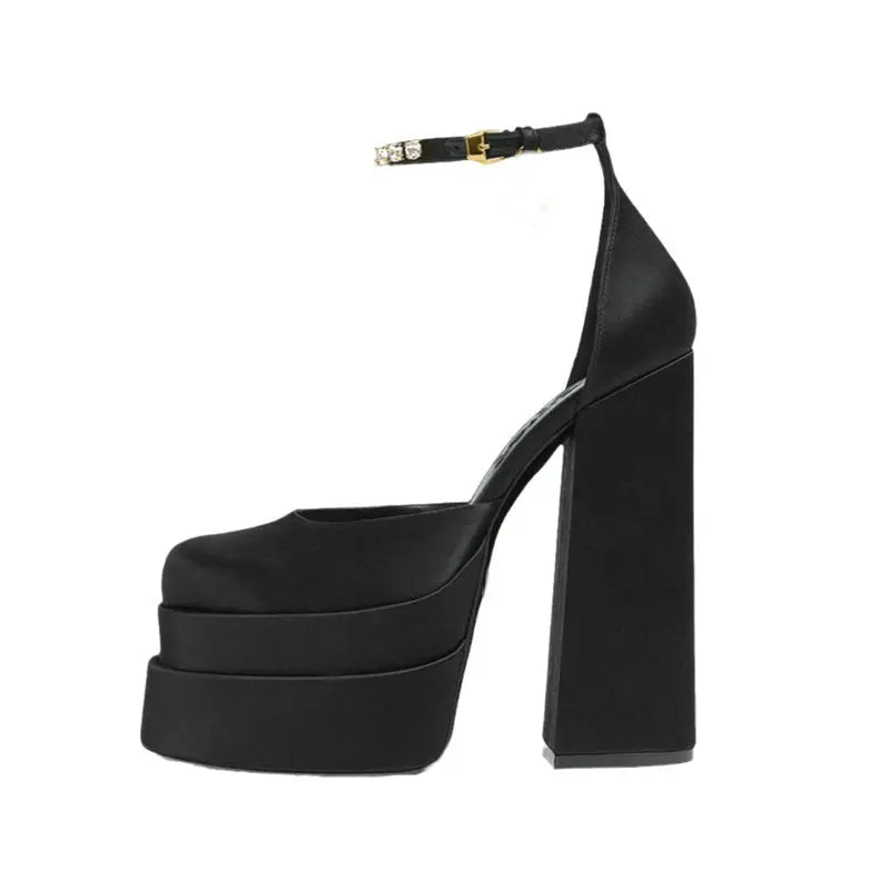 High Heels Women 2025 New Fashion Show 15cm Personality Super High Heel Waterproof Square Head Black Silk Runway Shoes