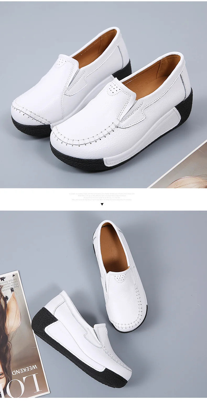 2022 Spring Autumn Women Flats Platform Loafers Ladies Genuine Leather Comfort Wedge Moccasins Orthopedic Slip On Casual Shoes