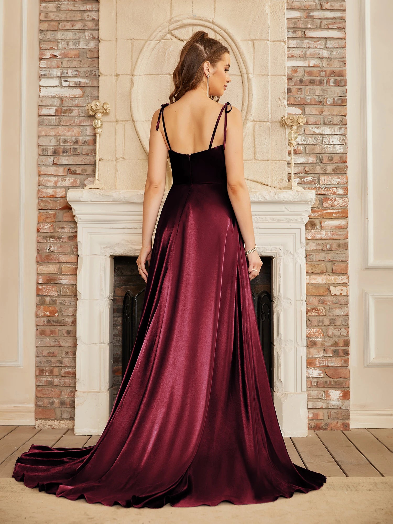 BABYONLINE Simple In Stock Soft Sliky Satin Bridesmaid Dresses Cowl Neck Tieing Thin Straps Leg Slit and Flowing A-line Dress