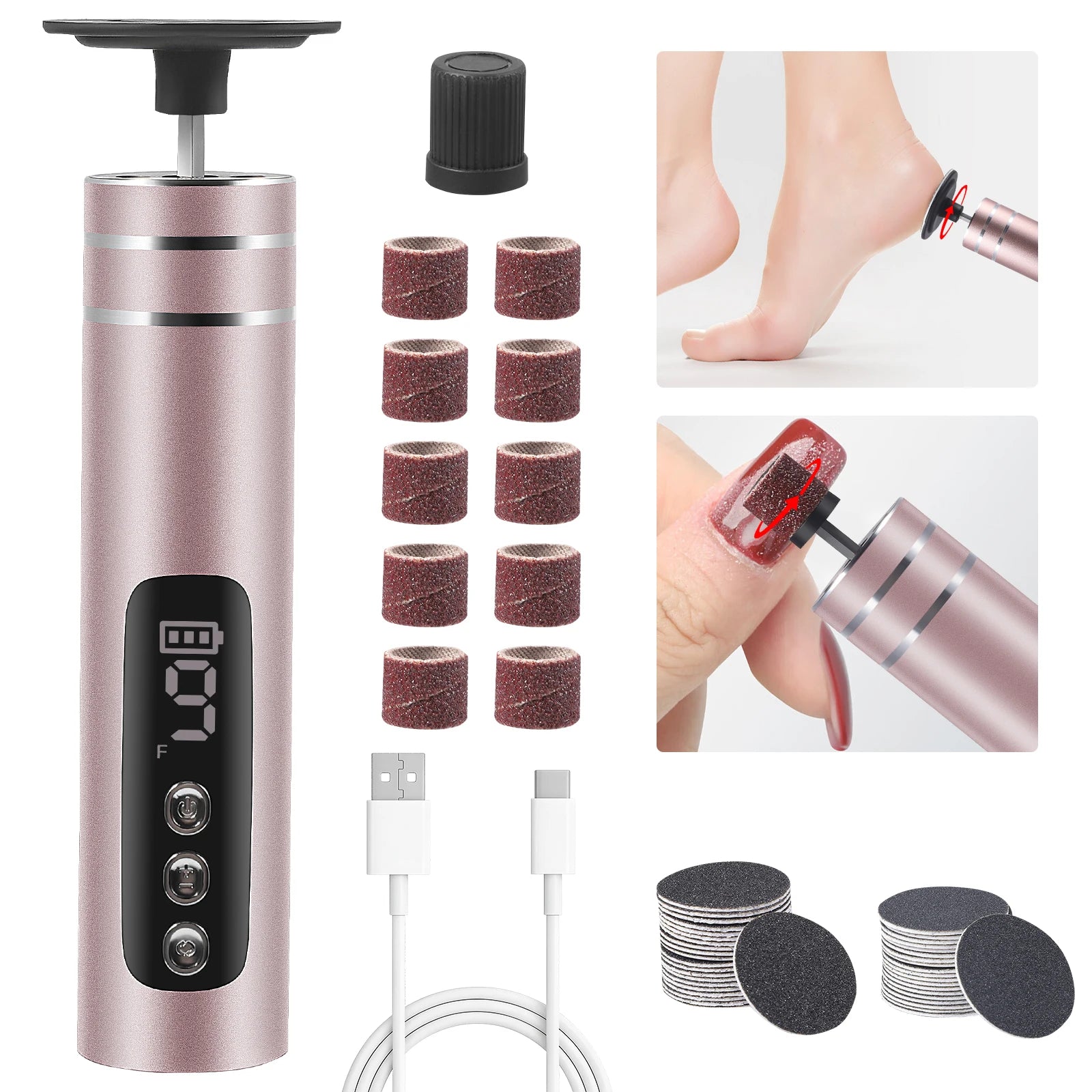 2in1 Electric Foot Callus Remover Machine Rechargeable Pedicure Tool for Dead Skin And Cuticle Removal with Replacement Sand