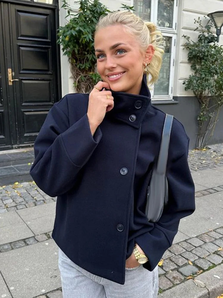 Stand Collar Women Spring Woolen Coats Single Breasted Loose Female Long Sleeve Jacket  Fashion Office Lady Street Short Coat