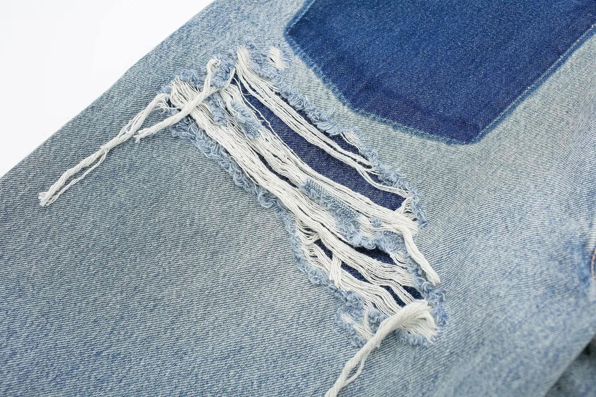 HH 2024 Women's Street Fashion Denim Blue Jeans Distressed Patchwork High Waist Zipper Fly Ripped Retro Long Pants