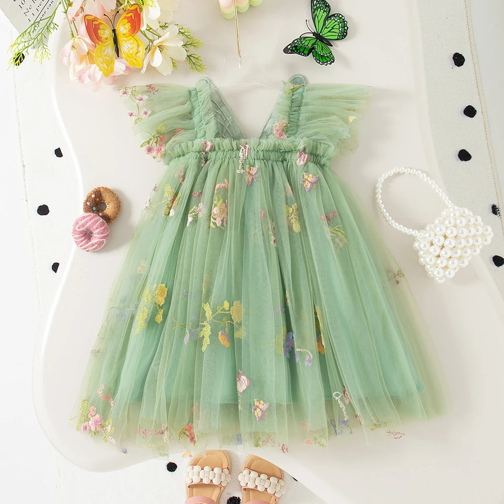 Summer New Girls' Dress Halter Small Flying Sleeve Embroidery Pattern Wings Sweet Princess Dress Mesh Princess Dress