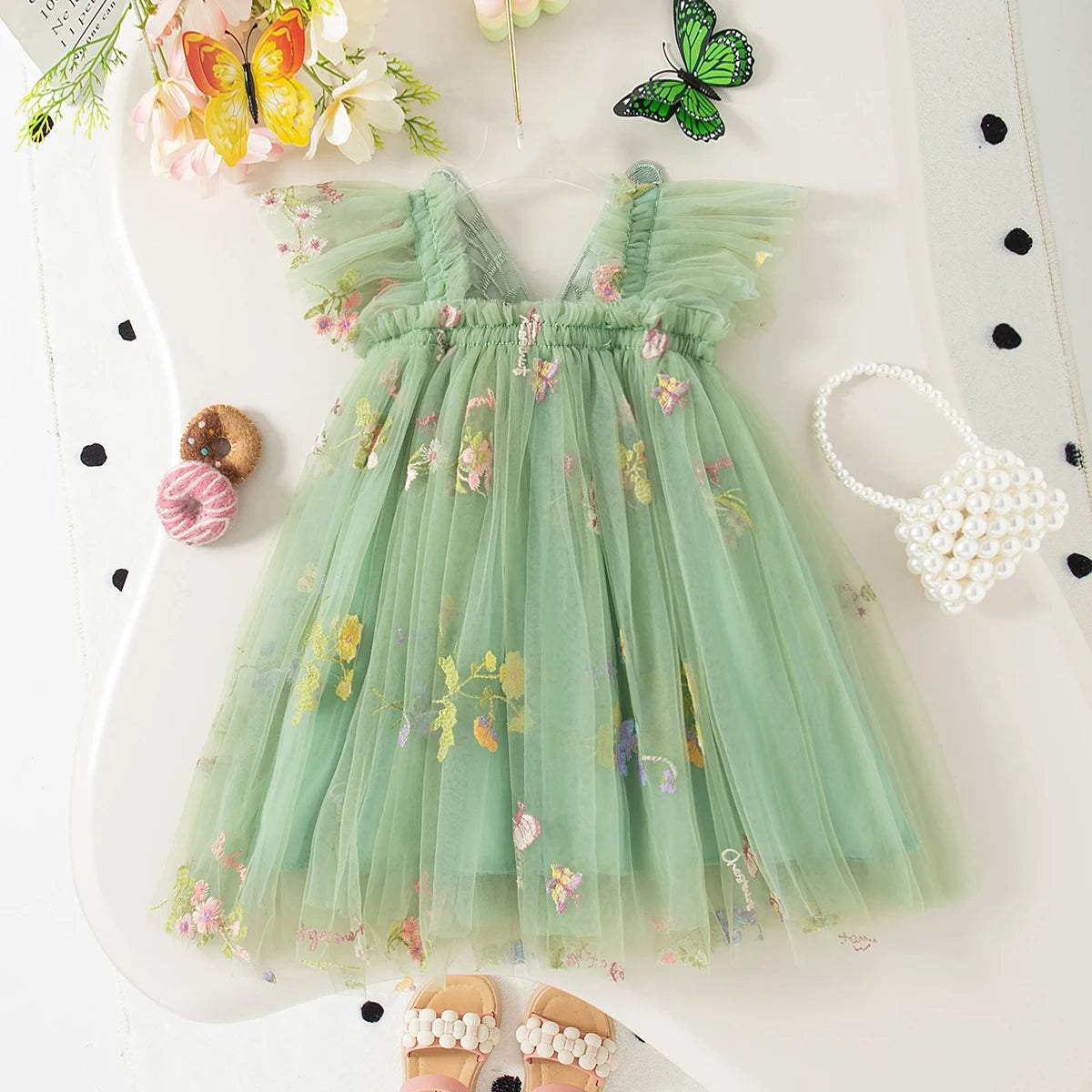 Summer New Girls' Dress Halter Small Flying Sleeve Embroidery Pattern Wings Sweet Princess Dress Mesh Princess Dress