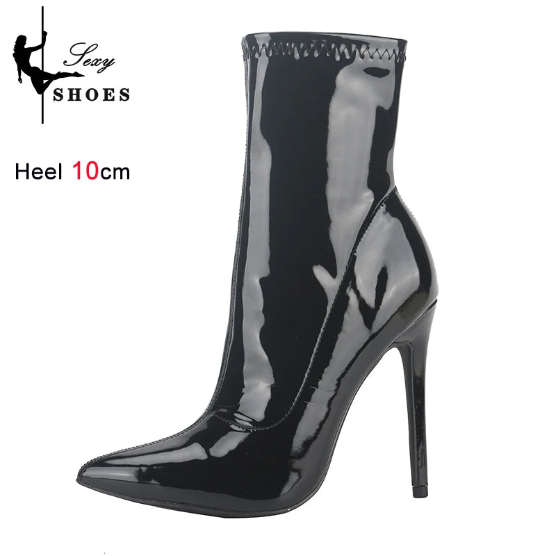 10CM Red Women Ankle Boots Side Zipper Thin Heels Short Boot Glossy Patent Leather High Heels Office Autumn Shoes Woman Footwear
