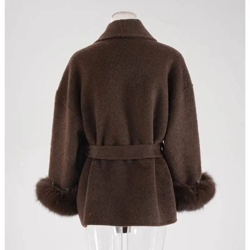 UCXQ Elegant OL Office Lady Overcoats Fur Patchwork Long Sleeve Woolen Coat Beautiful Women's Clothing Jacket Autumn 2025 Winter