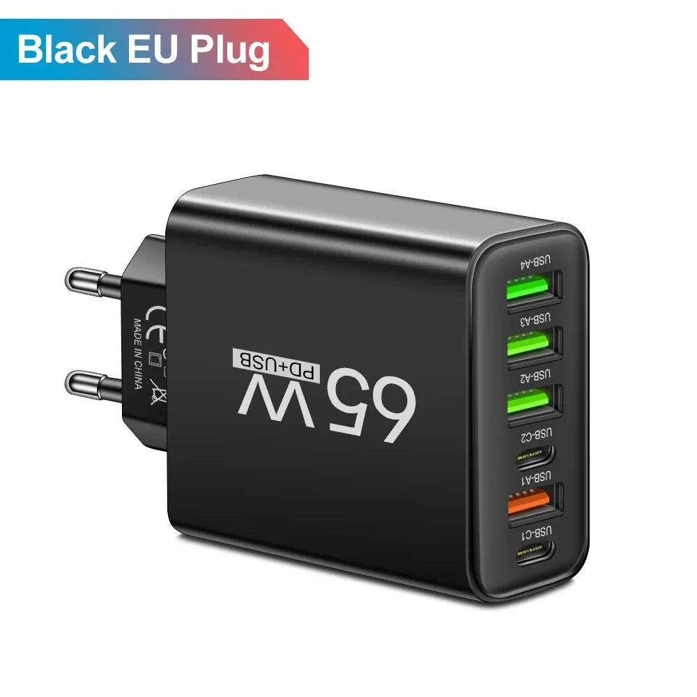 65W 6 in 1 USB Charger Type C Fast Charging Phone Wall Charger Adapter For iPhone Samsung Xiaomi Huawei EU/US Plug Quick Charger