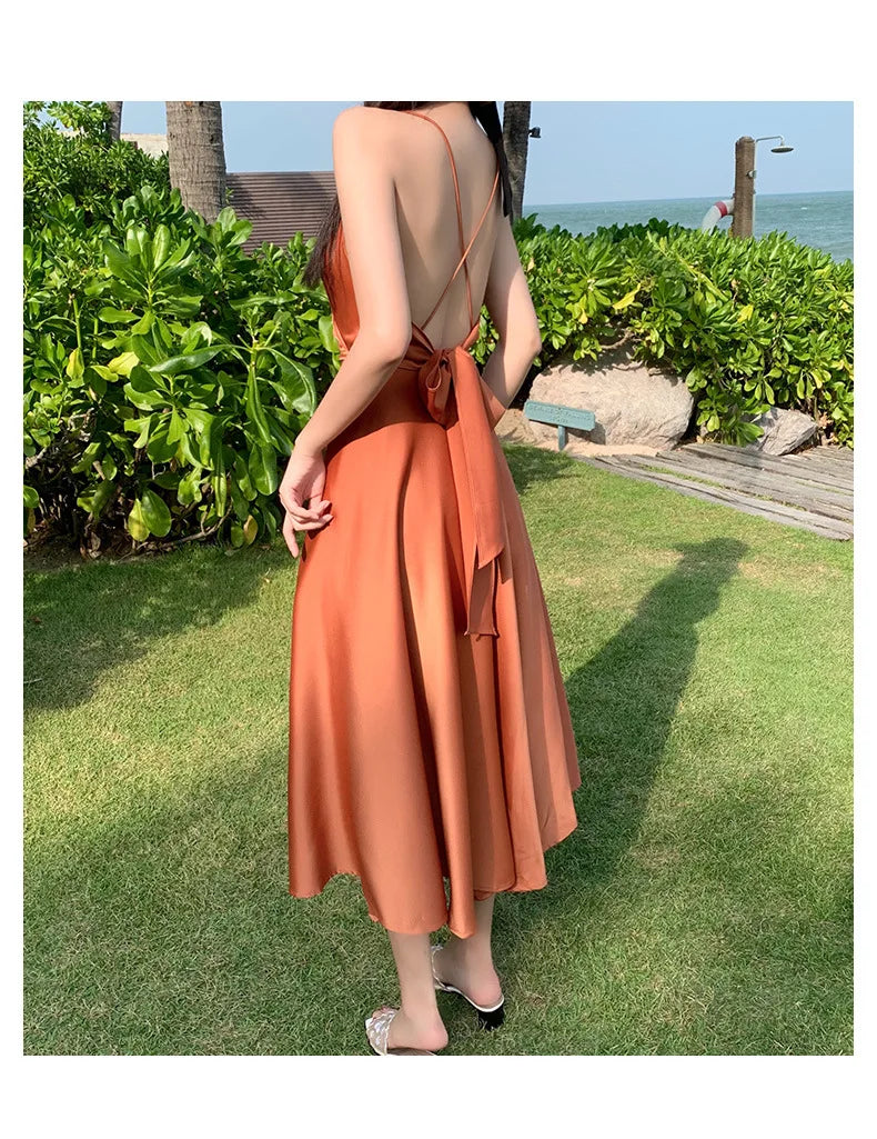 New ivory Caramel terracotta Auburn satin 120cm over knee spaghetti backless strap summer lady girl dress gown daily wear