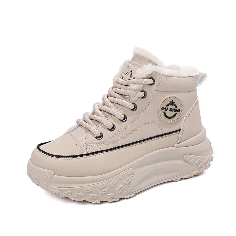 Women's Winter 2023 New Style Flat Boots Fleece Lined Thickened Warm Cotton Shoes High Top Little White Shoes Hx-q037