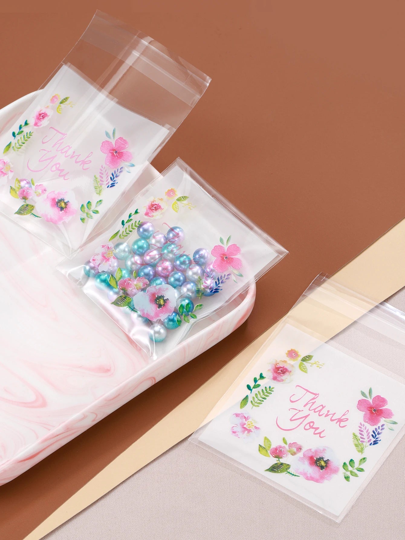 100pcs Colourful Flowers THANK YOU Self-adhesive Bag Plastic Pouches for DIY Jewelry Display Cookies Storage Gifts Bag Wholesale