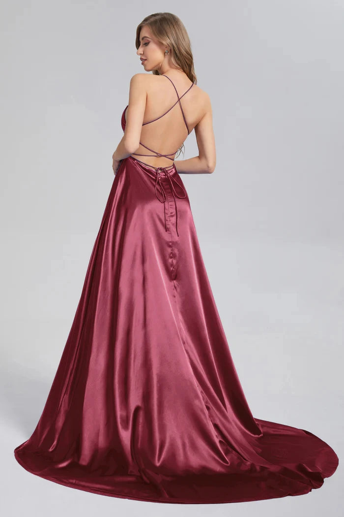 BABYONLINE Simple In Stock Soft Sliky Satin Bridesmaid Dresses Cowl Neck Tieing Thin Straps Leg Slit and Flowing A-line Dress