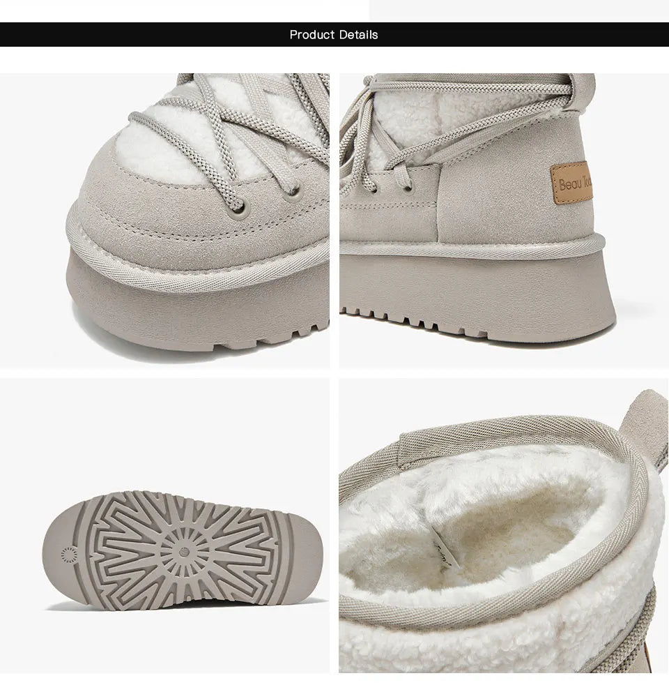 BEAUTODAY Snow Boots Women Cow Leather Solid Color Round Toe Thick Sole Slip-On Winter Keep Warm Laides Furry Shoes MS1A001