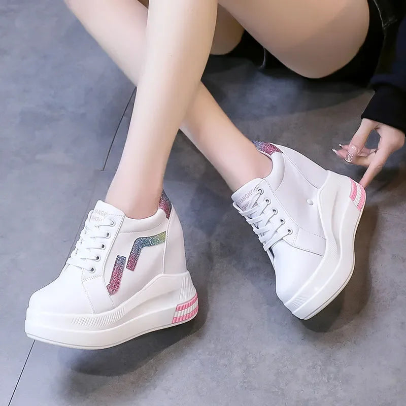 Women's Ankle Boots Autumn Leather Chunky Shoes Woman Platform Height Increased Sneakers 10.5CM Thick Sole Wedges White Boots