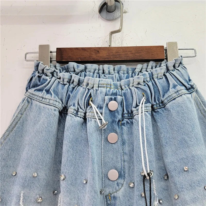 Heavy Industry Tassel Bead Diamond High Waist Jeans Shorts Loose Slimming Wide-Leg Denim Shorts Women 2023 Summer Short Pants