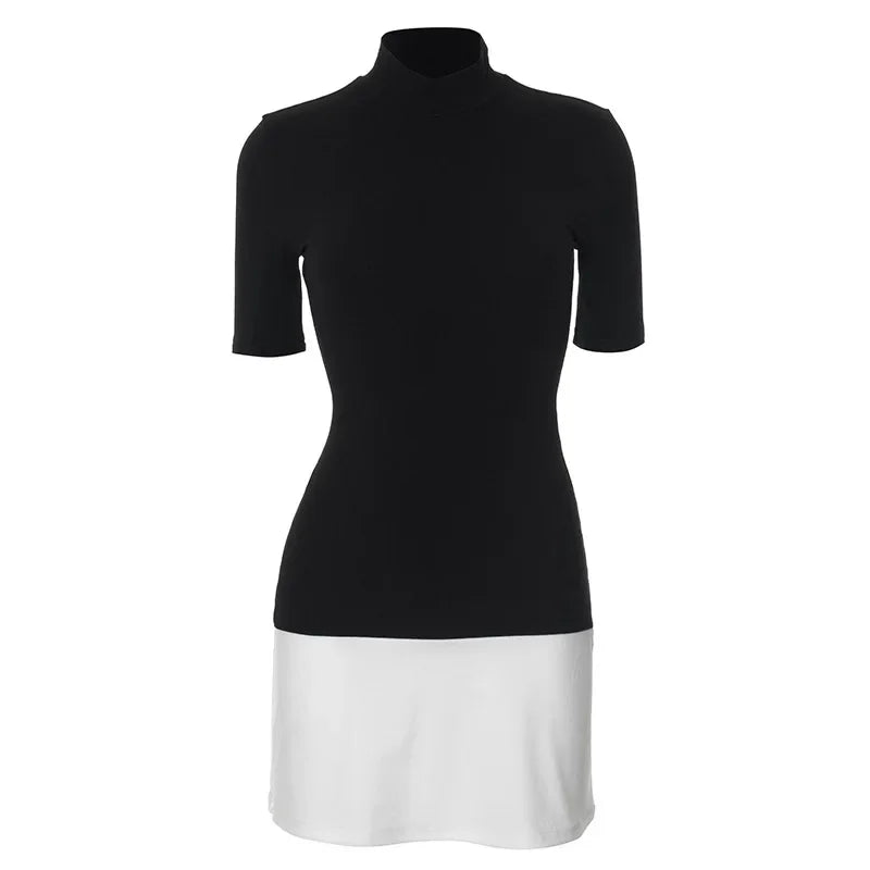 Contrast Color Bodycon Dress For Women Summer Clothing Turtleneck Vestidos Elegantes Para Mujer Half Sleeves Mini Streetwear Y2k