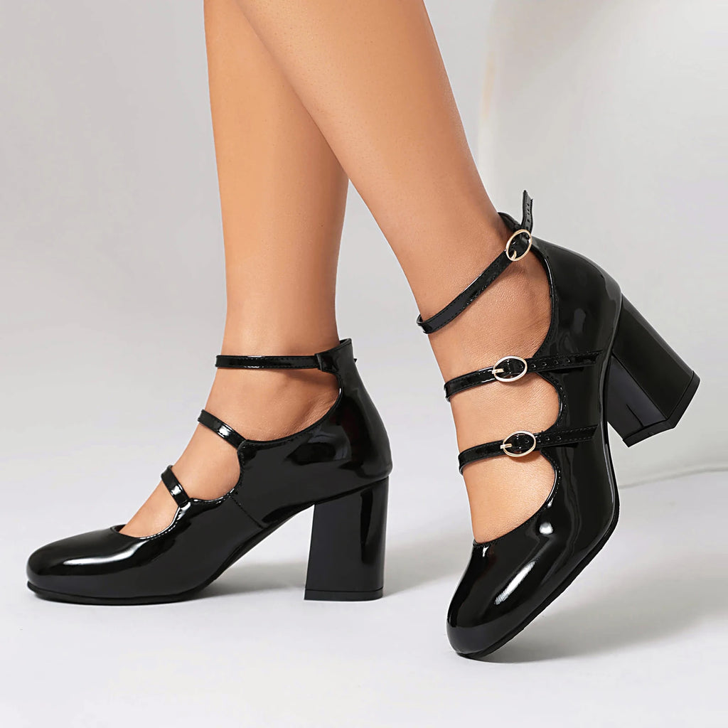 Pu High Heels Square Heel MARY JANES Square Toe Casual 2024 High Quality Ladies Shoes Buckle Strap Solid Fashion Pumps