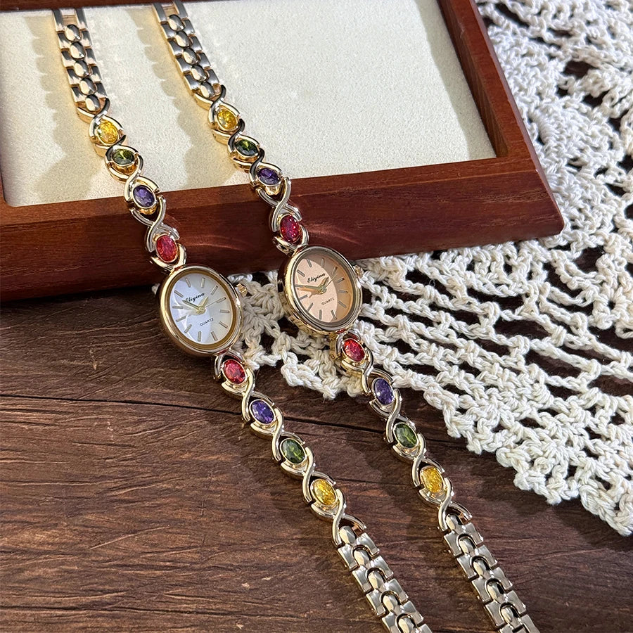 Elegant Lady's Retro round Color Gem Rainbow Quartz Watch with Chain Scale French Luxury Fashionable Ladies' Timepiece