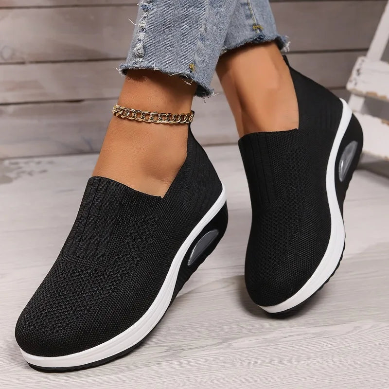 2025 Summer Fashion Mesh Breathable Sneakers Casual Solid Color Thick-soled Wedge Shoes Comfortable Walking Vulcanized Shoes