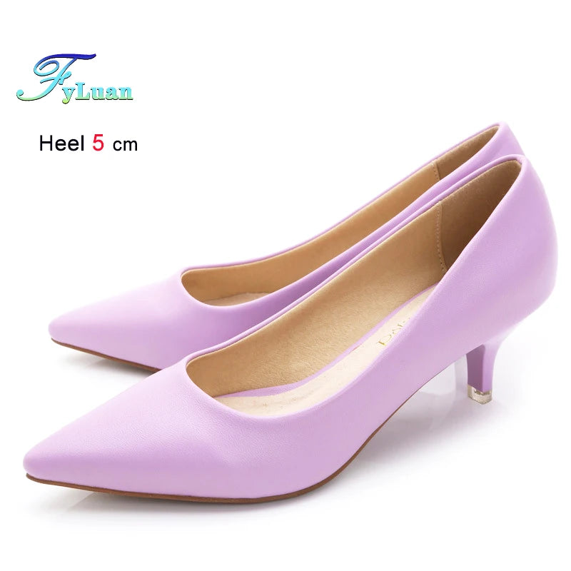 Black Med Heels 5cm Women Shoes Thin Heels Pointed Shallow Mouth Ladies Pumps Ten Colours Microfiber Stiletto Shiny Dating Shoes