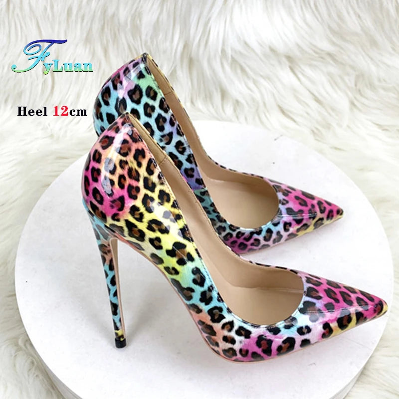 Fashion Leopard Print 8cm 10cm 12cm Pumps Women Pointed Toe Stiletto Sexy Celebrity Night Club Party High Heel Shoes Large Size