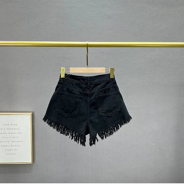 Diamond-Embedded Denim Shorts Women's Fashionable 2023 New Summer High Waist Loose Slimming Raw Hem Wide Legs Short Hot Pants