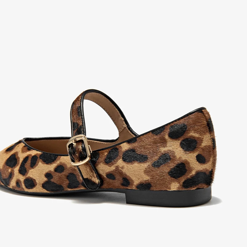 BEAUTODAY Mary Janes Women Horsehair Pointed Toe Leopard Print Buckle Strap Fashion Ballet Ladies Flats Dress Handmade 18293