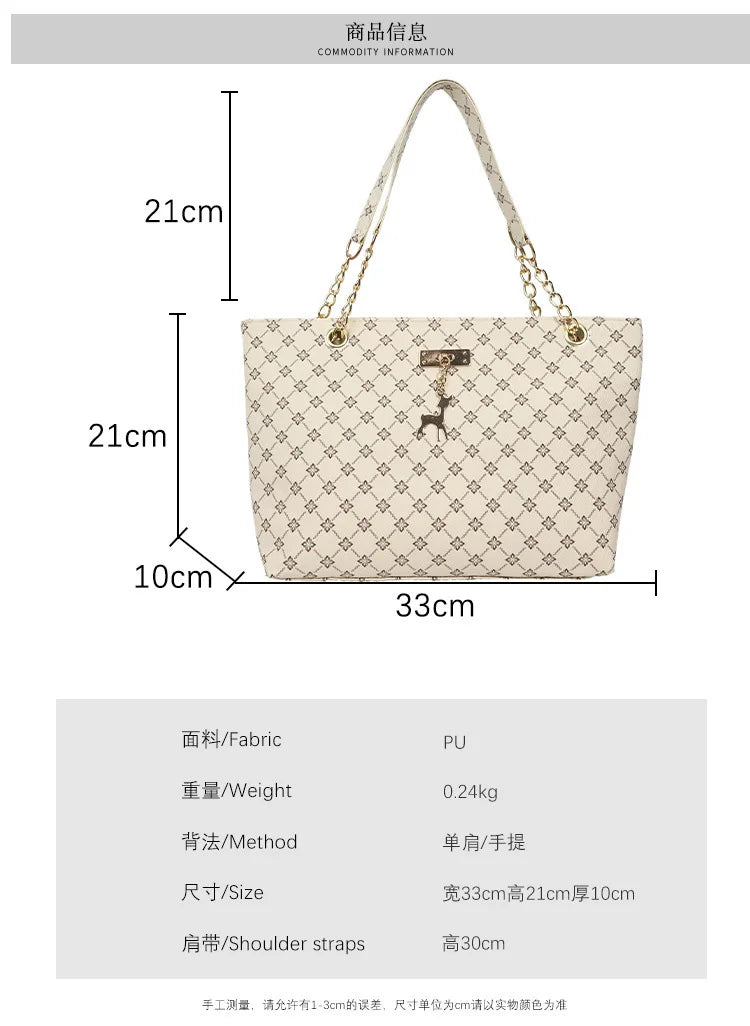 1pcs Fashionable Large Capacity Handbag Texture PU Leather Tote Women Bag with Hanging Accessories Shoulder Bag