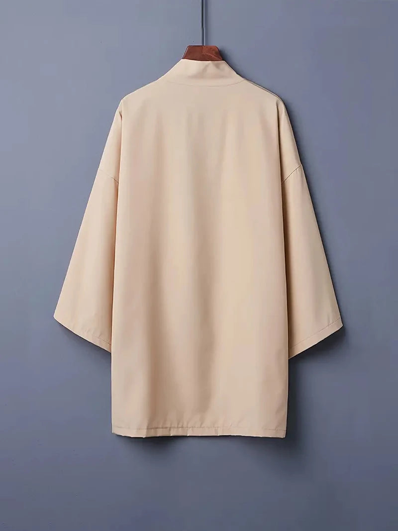 2024 New Men's Long Solid Color Japanese Kimono Poncho Summer Casual Loose Women's Yukata Haori Beach Black Hiyoshi Shirt Jacket