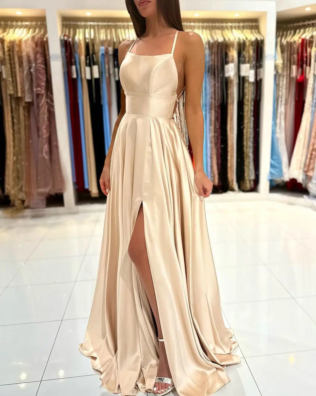 A-line Slit Cowl Neckline Satin 3 Styles Bridesmaid Dress With Tieing Dresses For Special Events Evening Dress Dresses For Prom