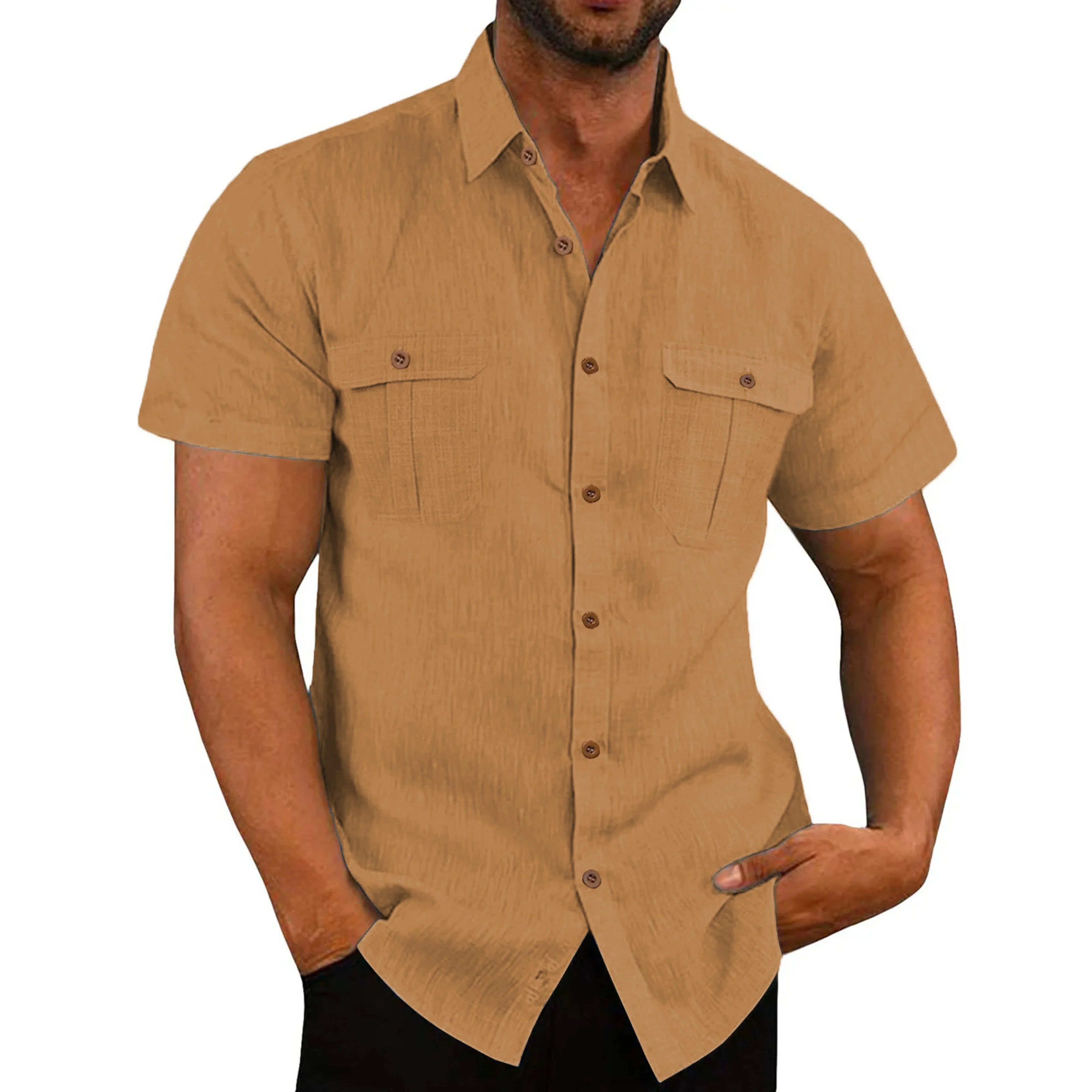 Summer Men's Solid Color Short-Sleeved Fashionable Shirt with Two Chest Pockets, Outdoor Casual Men's Cardigan