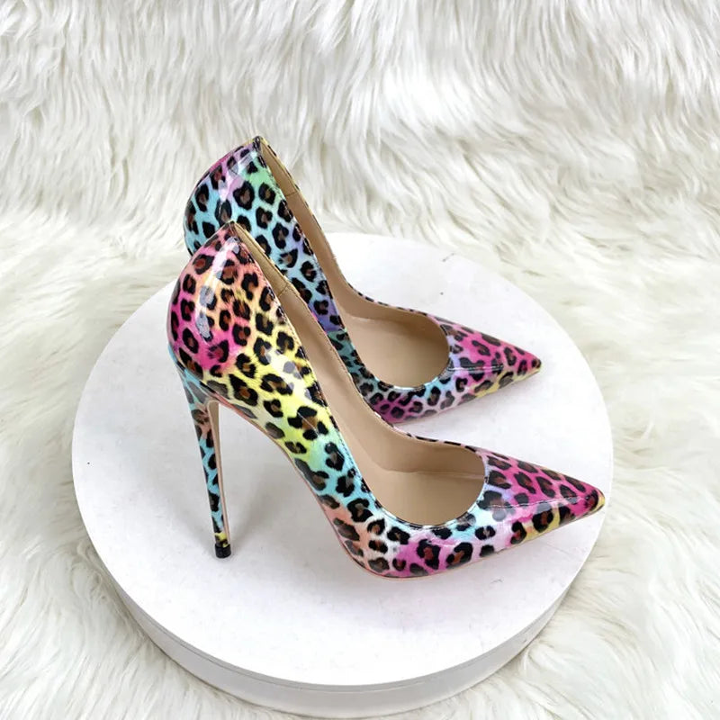Fashion Leopard Print 8cm 10cm 12cm Pumps Women Pointed Toe Stiletto Sexy Celebrity Night Club Party High Heel Shoes Large Size