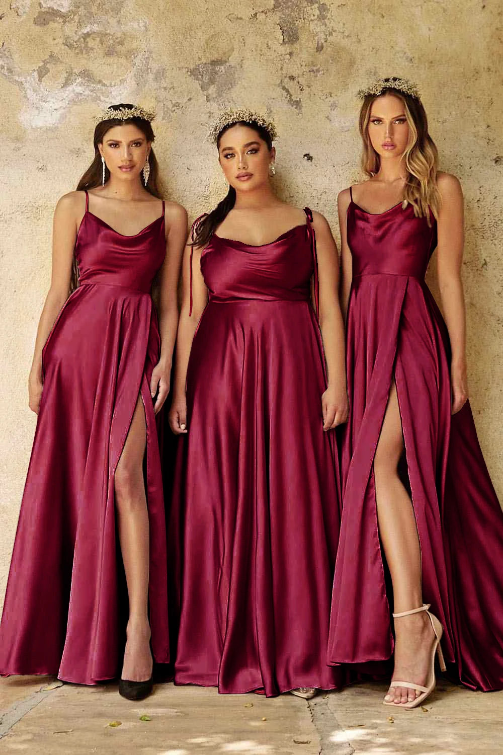 A-line Slit Cowl Neckline Satin 3 Styles Bridesmaid Dress With Tieing Dresses For Special Events Evening Dress Dresses For Prom