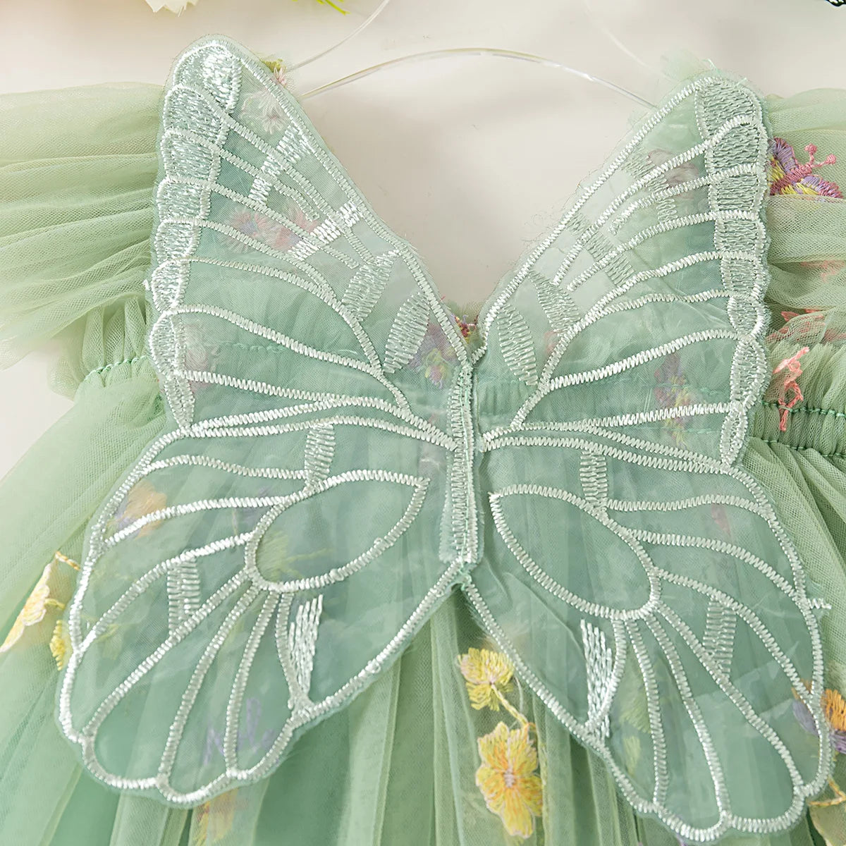 Summer New Girls' Dress Halter Small Flying Sleeve Embroidery Pattern Wings Sweet Princess Dress Mesh Princess Dress