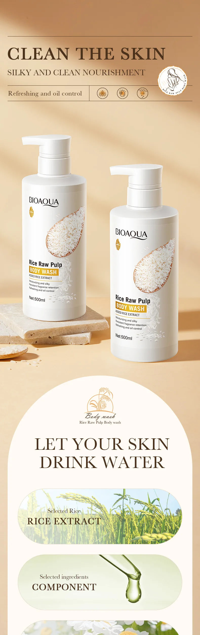 Rice Pulp Body Shower Gel 500ml, Hypoallergenic and Moisturizing, Refreshing and Oil-Controlling, with a Long-Lasting Light Fragrance, Suitable for All Light Beige and Sensitive Skin, Easily Removes Oil and Dirt, Provides Dai