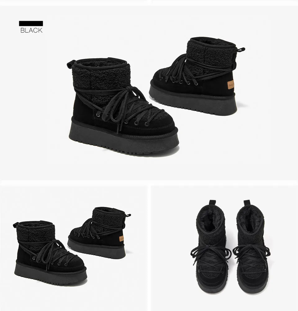 BEAUTODAY Snow Boots Women Cow Leather Solid Color Round Toe Thick Sole Slip-On Winter Keep Warm Laides Furry Shoes MS1A001