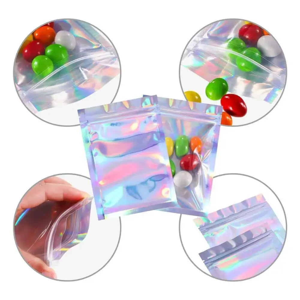 100PCS Holographic Bag Laser Rainbow Pattern Self Sealing Bag Candy Bag and Front Window Sample Bag