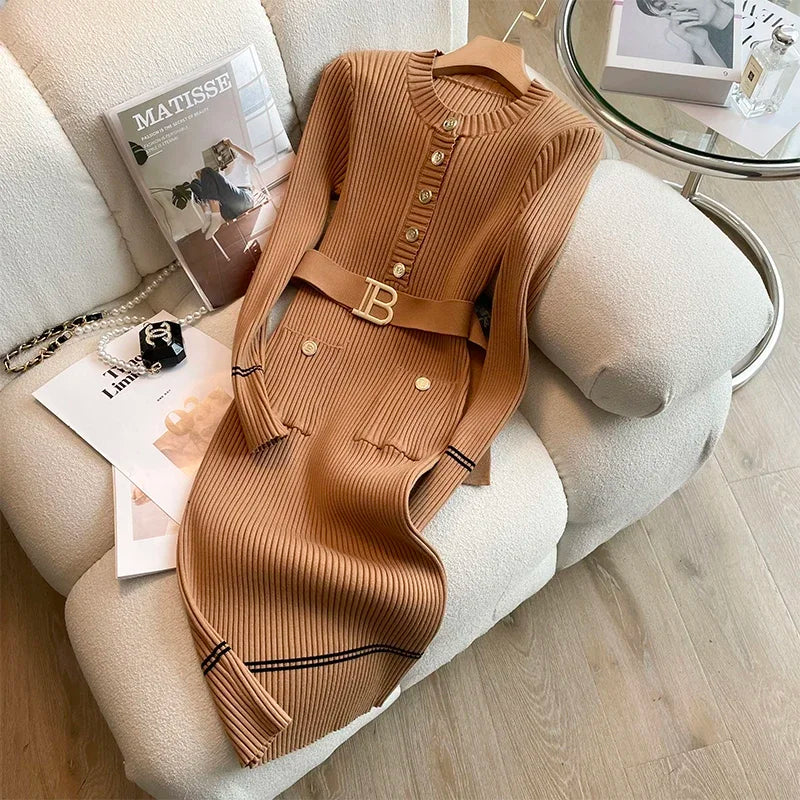 2024 New Autumn Winter Women Knitted Dress Brand Fashion O-neck Buttons Bodycon Sweater Dress with Belt Lady Office Dress