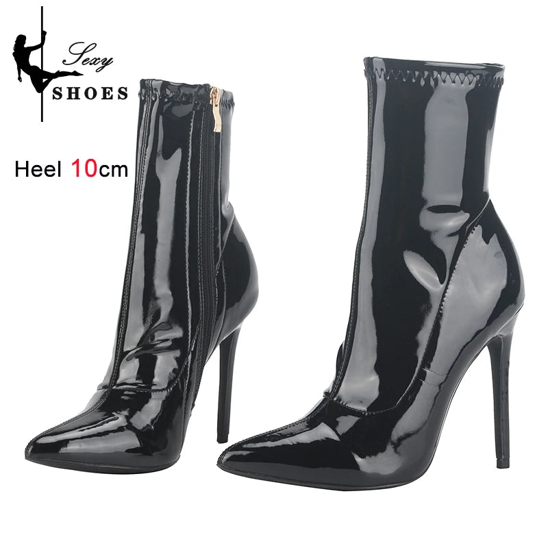 10CM Red Women Ankle Boots Side Zipper Thin Heels Short Boot Glossy Patent Leather High Heels Office Autumn Shoes Woman Footwear