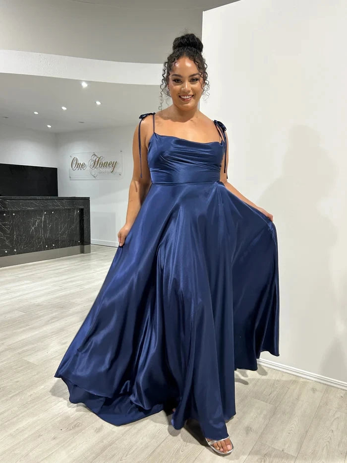 BABYONLINE Simple In Stock Soft Sliky Satin Bridesmaid Dresses Cowl Neck Tieing Thin Straps Leg Slit and Flowing A-line Dress