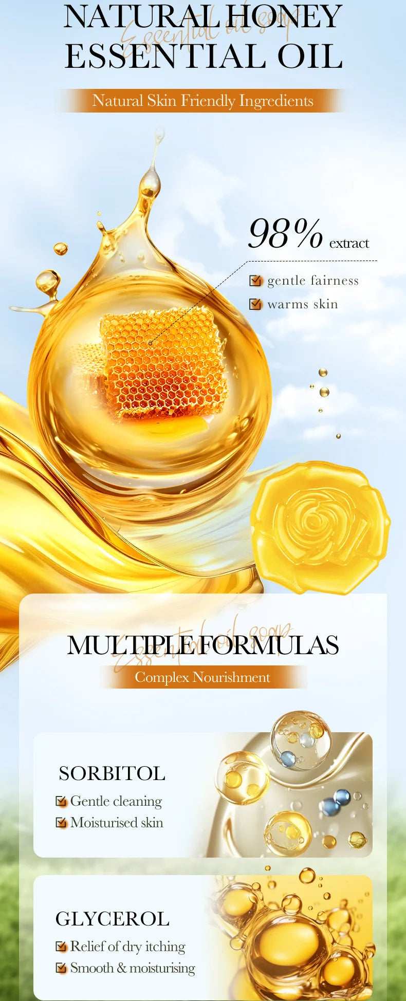 1Pcs Honey Handmade Soap Cleansing The Body Hand Wash Soap Essential Oil Moisturizing Product Body Care Dry Skin Prevent Dry