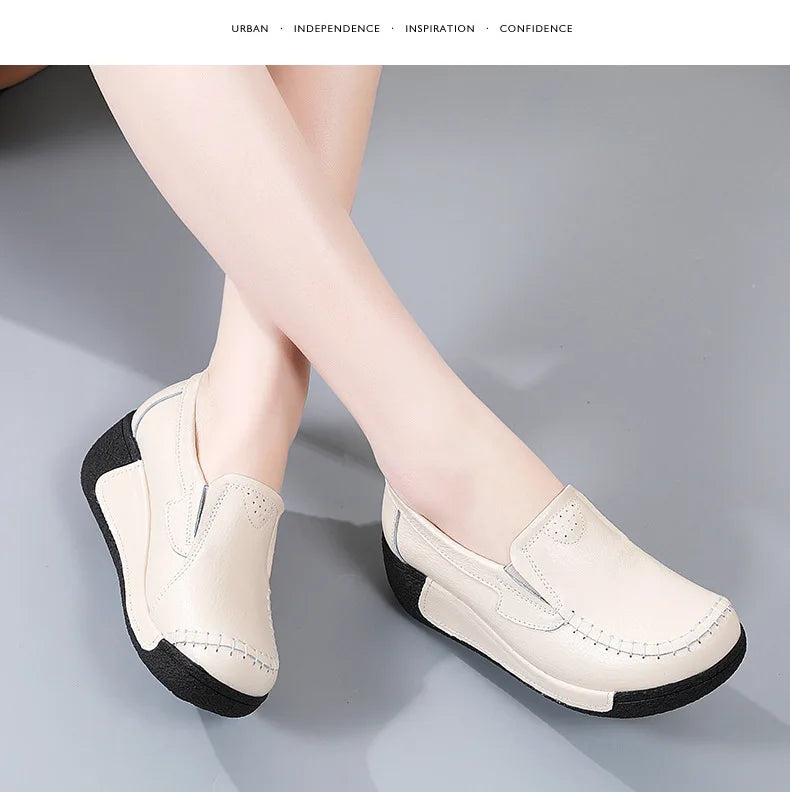 2022 Spring Autumn Women Flats Platform Loafers Ladies Genuine Leather Comfort Wedge Moccasins Orthopedic Slip On Casual Shoes