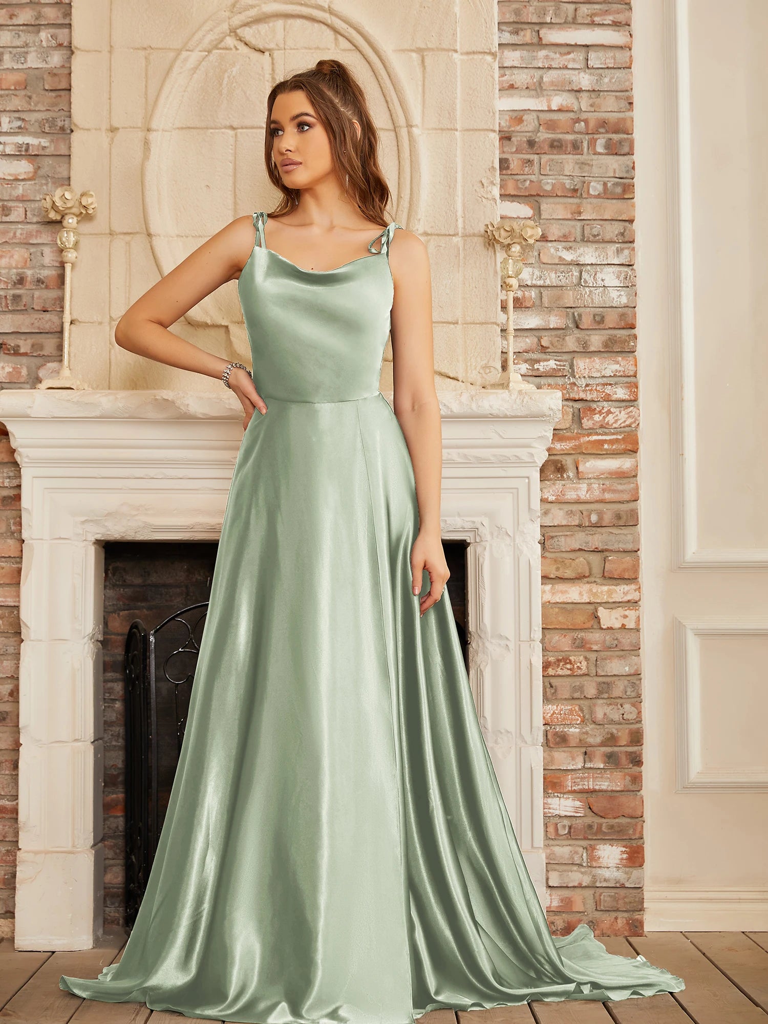 BABYONLINE Simple In Stock Soft Sliky Satin Bridesmaid Dresses Cowl Neck Tieing Thin Straps Leg Slit and Flowing A-line Dress