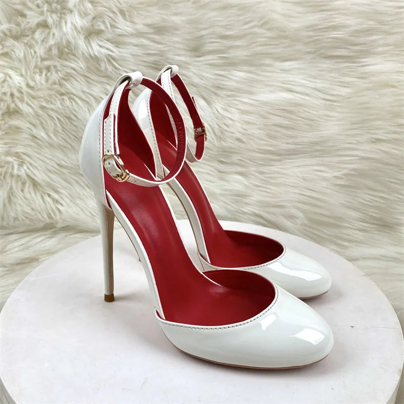 White Patent Leather Women Ankle Strap Stiletto Pumps Round HeadToe Sexy High Heel Shoes 10cm 12cm Customize 33-46 Zapatos Mujer
